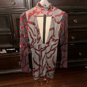 Abyss by Abby xs red sequin deep plunge cocktail dress in red and silver